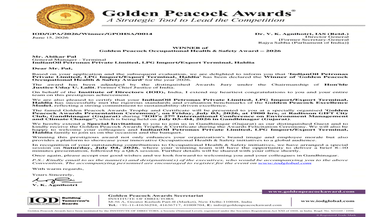 🏆 IPPL Haldia Team Wins Prestigious Golden Peacock HSE Award 2026